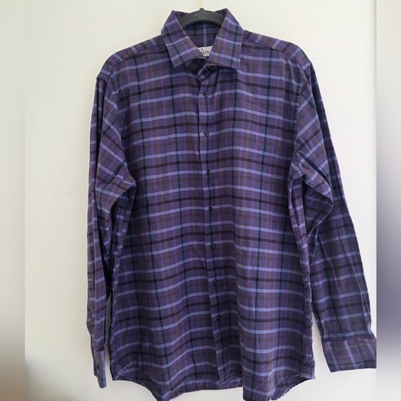 Aqua‎ Toscano 100% Cotton Men's Purple and Brown Plaid Button Up Shirt Size L - Picture 2 of 4